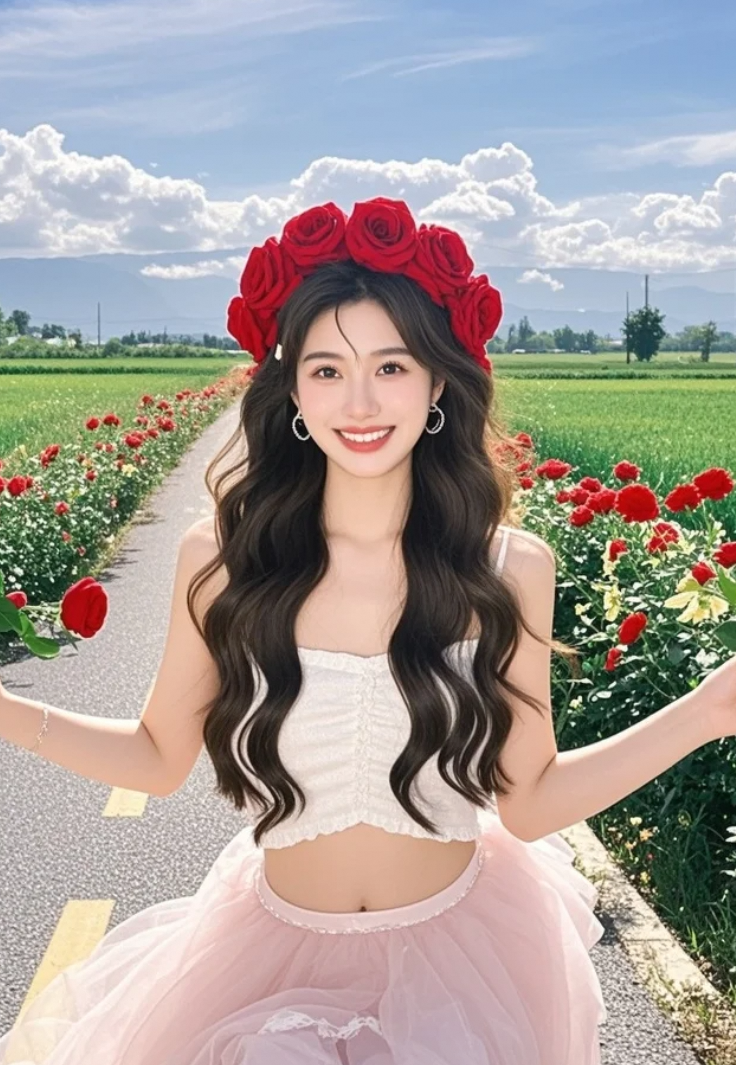 她站在玫瑰花中笑，你能忍住不心动吗？