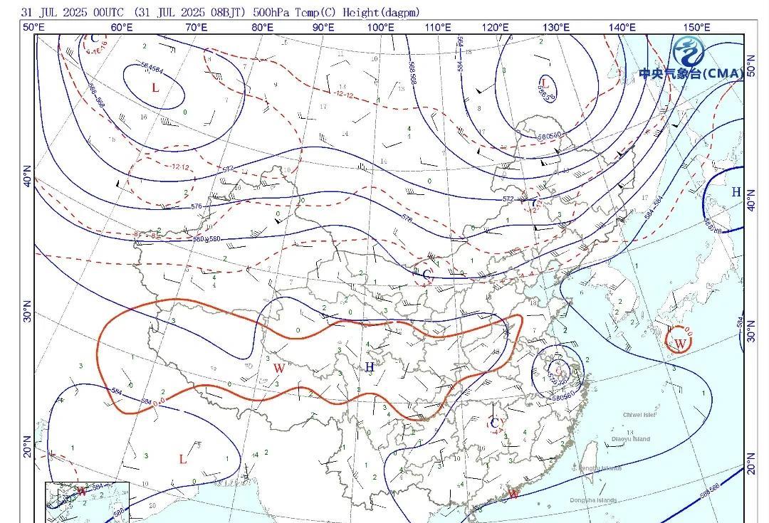 从今天的天气图实况来看，我国境内没有副热带高压的影响，不过从 850 百帕 的流