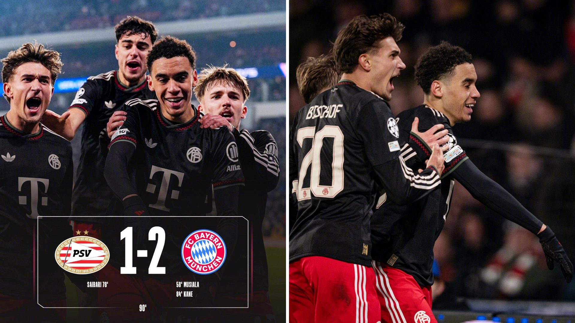 欧冠：拜仁慕尼黑客场2-1击败埃因霍温，排名第二位直接晋级十六强。
穆西亚拉率先