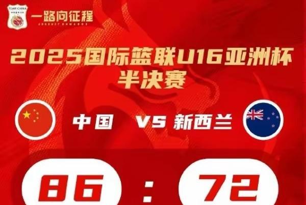 在蒙古国首都乌兰巴托举进行的U16亚洲杯男篮半决赛，中国队以86:72大胜新西兰