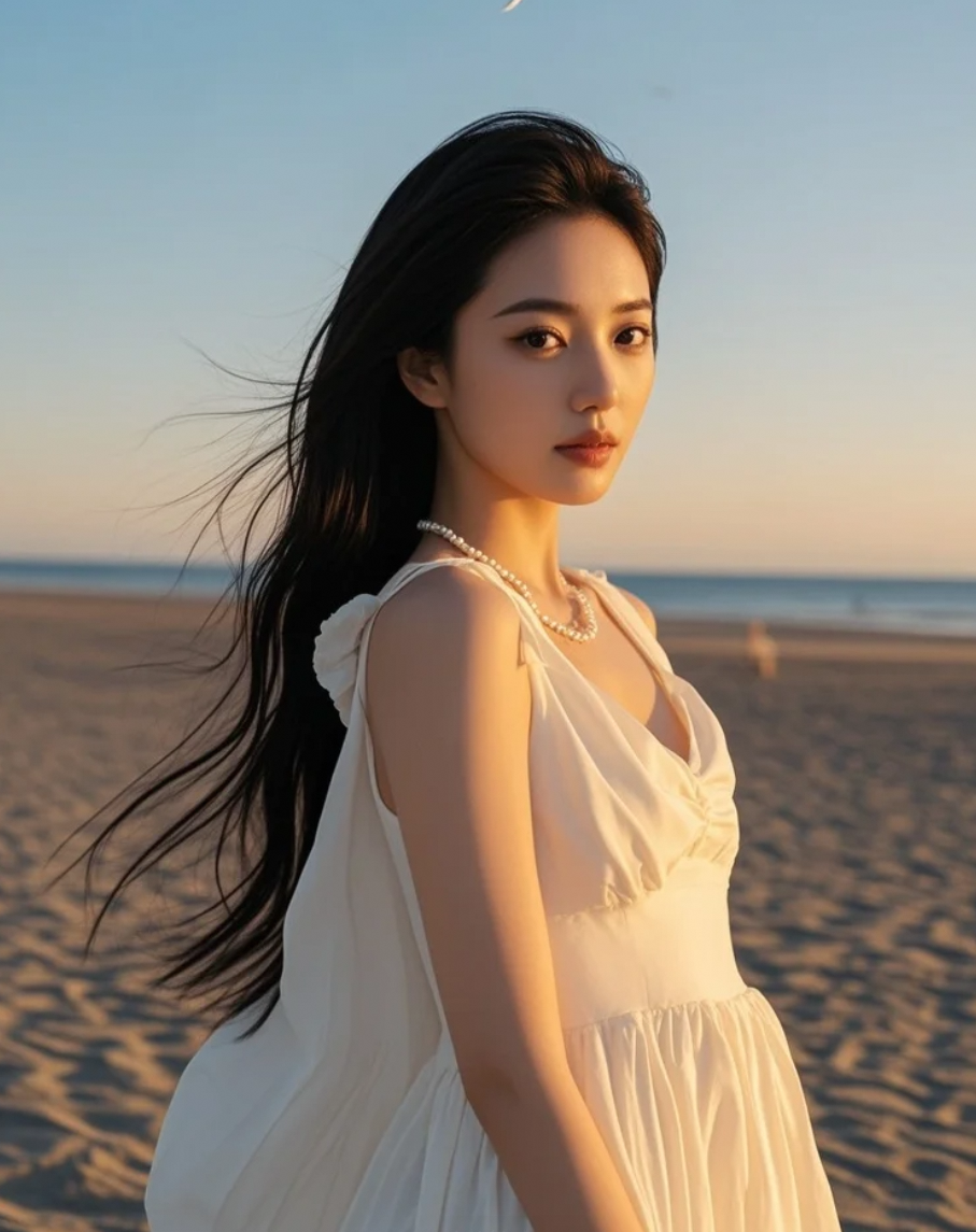海风中的长发精灵，大牌明星的温柔笑容温暖了微凉暮色