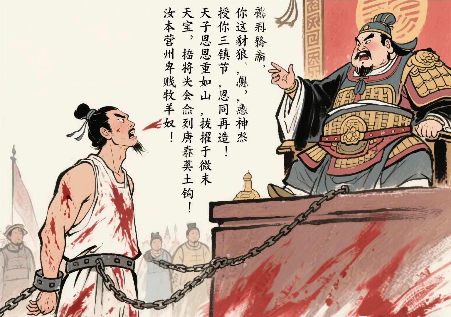 天宝15年，颜杲卿被叛军抓到洛阳，安禄山令人用铁勾勾住他的舌头撕扯，鲜血激射如泉