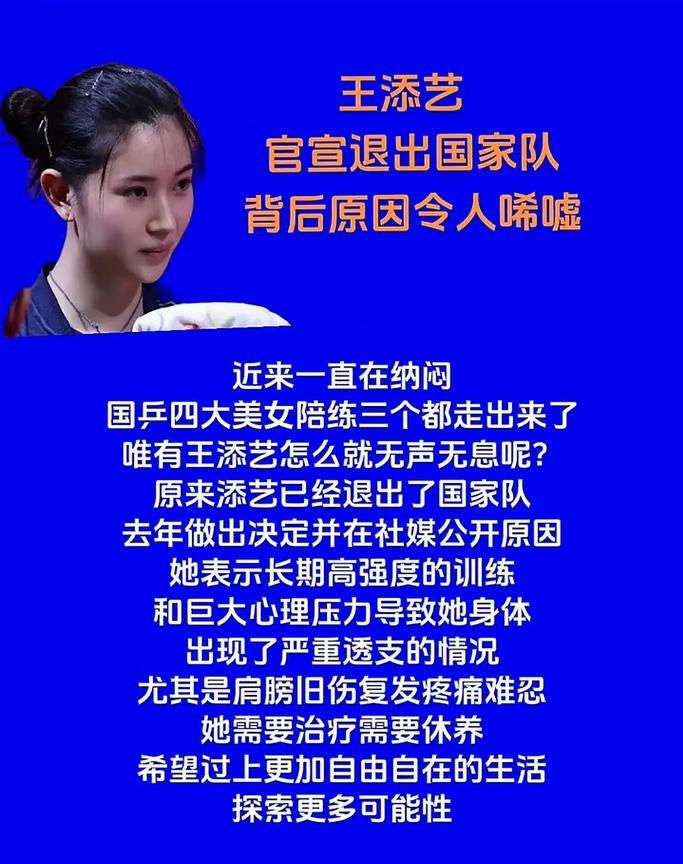 太不可思议了！国乒美女陪练王添艺宣告退出国家队。
实际上，陪练是极为重要的角色。