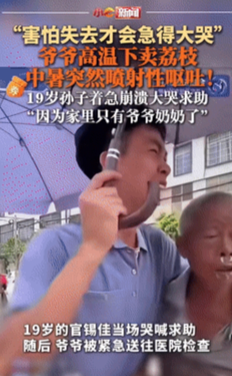 “太心疼了！”广东，爷爷大热天卖荔枝被热中暑，直接“喷射性”呕吐！19岁孙子吓得