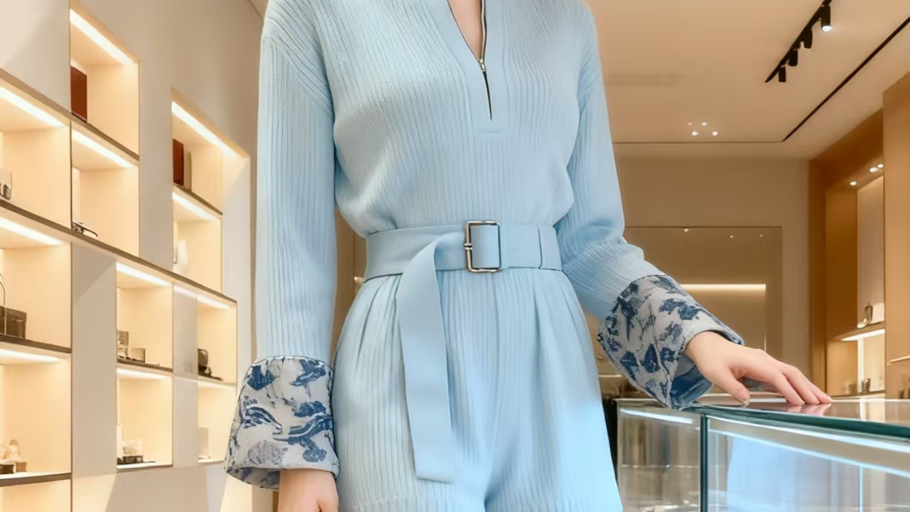 浅蓝色牛仔连衣套装，时尚随性洒脱，年轻自由气质。