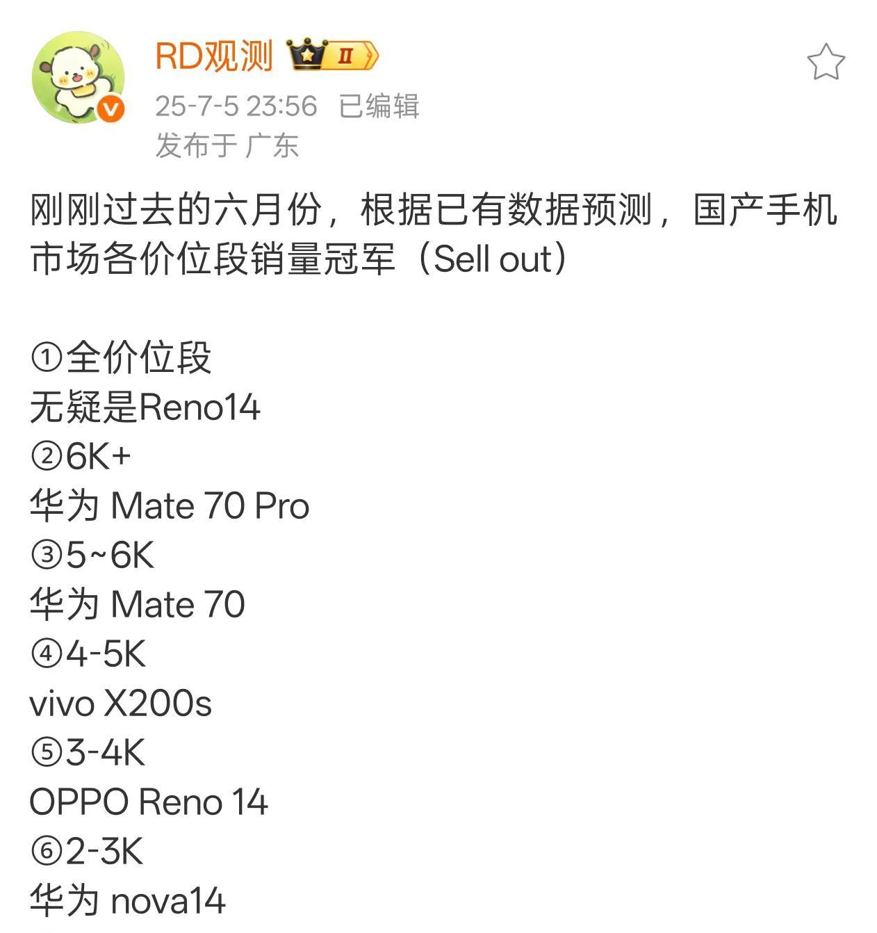 博主RD观测这预测感觉不够严谨和准确吧，为什么没有小米和红米？小米15、红米K8