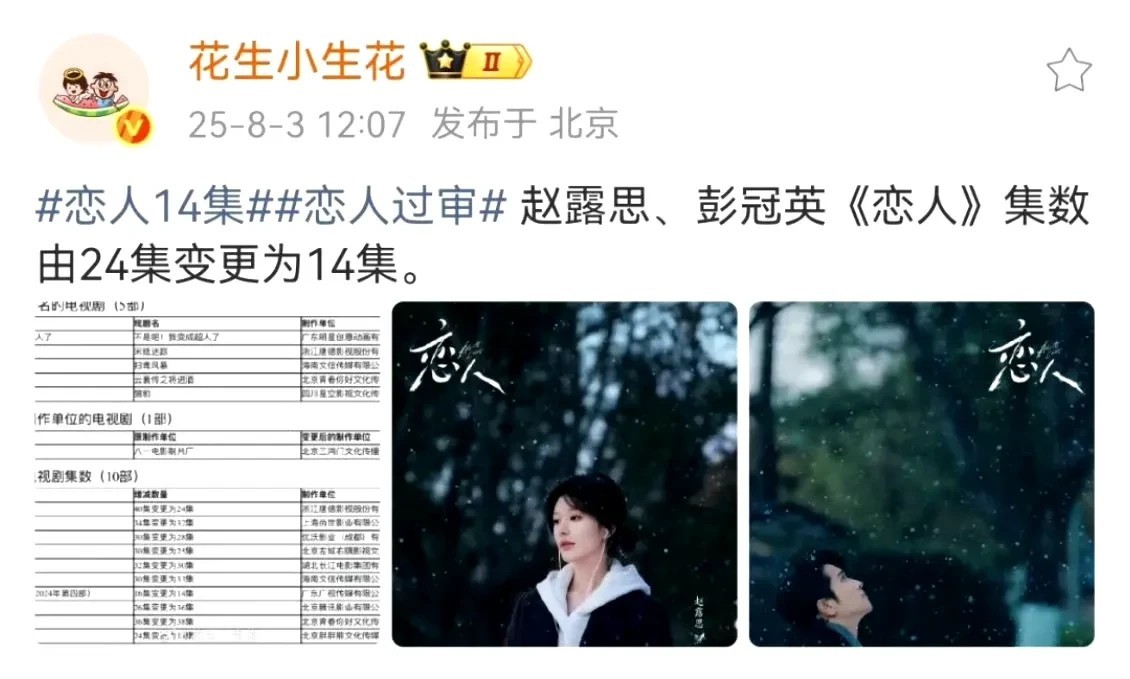 这也太离谱了！

赵露思因病停拍的电视剧《恋人》今日过审，集数从24集变更为