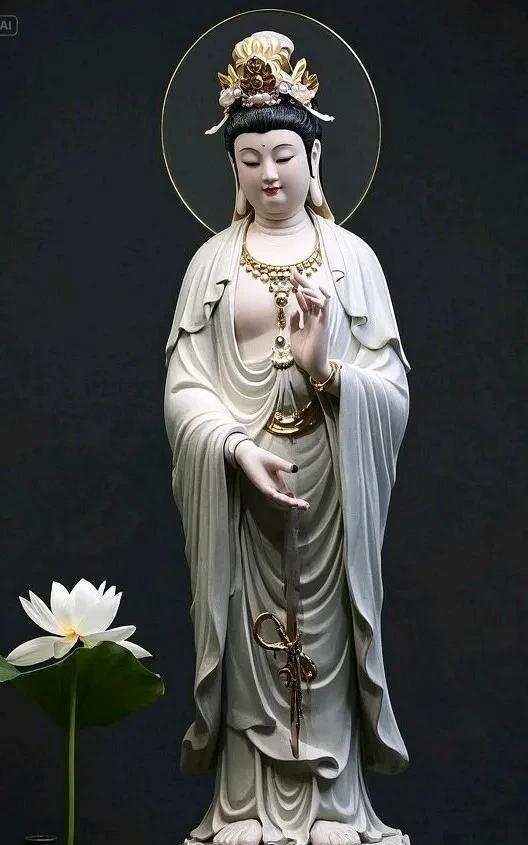 南海仙姿妙转身，祥光四溢净凡尘。
慈眸回处阴霾散，玉臂舒时福泽匀。
杨柳轻摇千劫