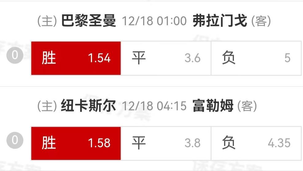 {一脚球}竞彩推荐：巴黎圣日耳曼VS弗拉门戈+纽卡斯尔联VS富勒姆