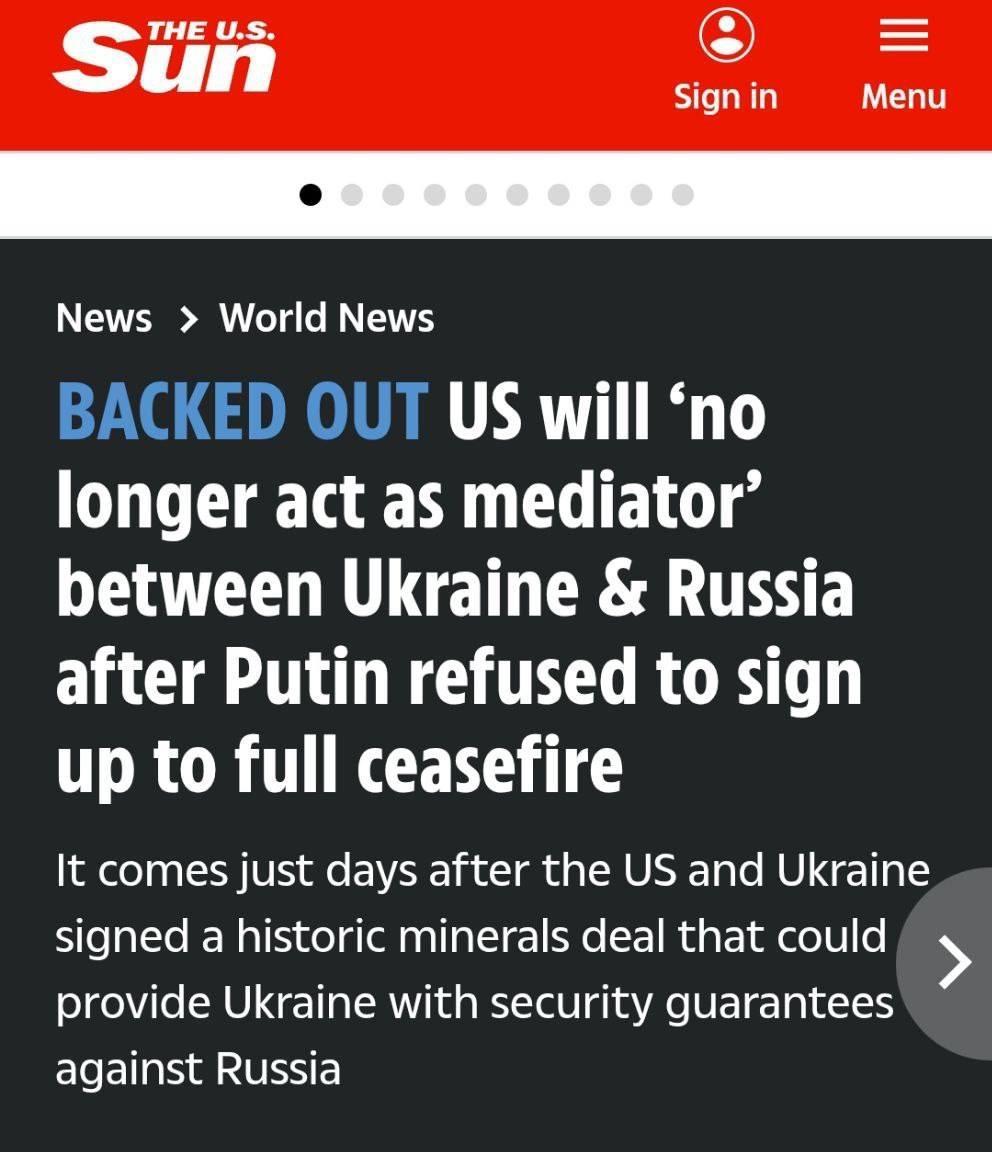 “美国将不再充当乌克兰与俄罗斯之间和平谈判的调解人，这一决定是在俄罗斯总统普京拒