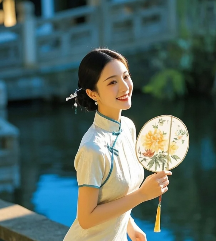 她轻轻一握扇，连风都染上了心动的颜色。