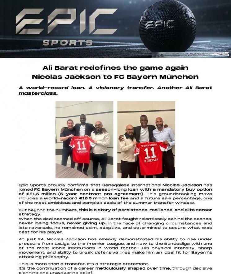 拜仁成功租借杰克逊！
杰克逊经纪人巴拉特的经纪公司EPIC SPORTS社媒发文