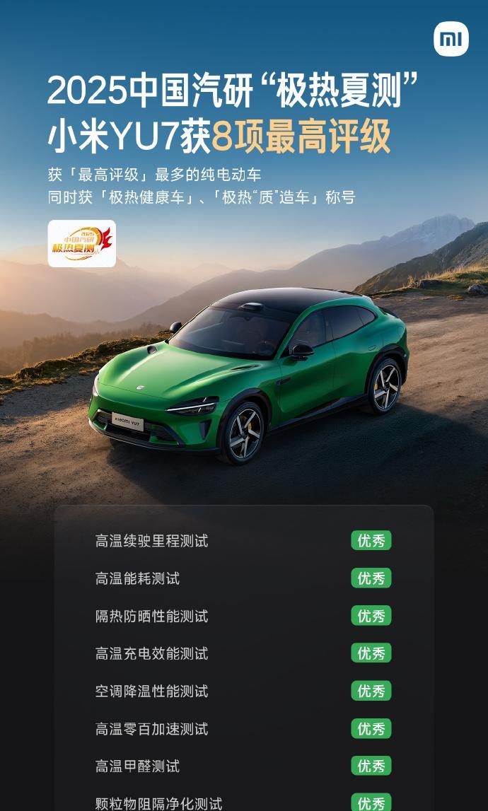 小米YU7再获两项殊荣
1、小米YU7被评为「极热健康车」、「极热“质”造车」称