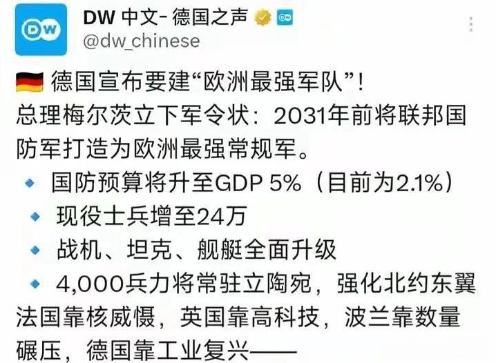 德国要打造欧洲最强军队？到2031年组建24万现役武装力量，军费开支达到GDP的