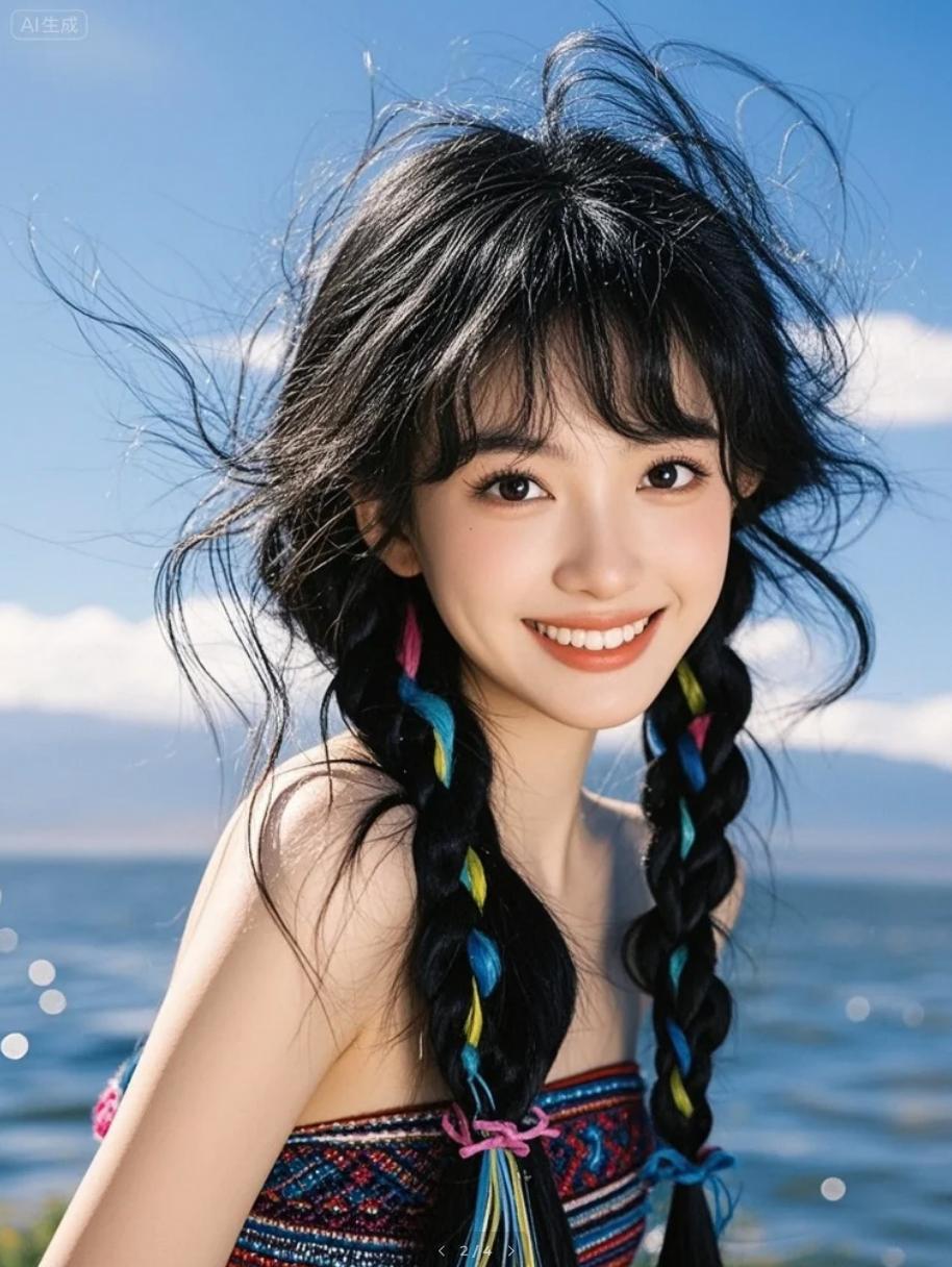 “风太大了！”她抓着飞舞的荧光黄辫子，笑得前仰后合