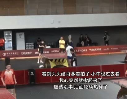 王楚钦和牛冠凯在训练场热身时，突然举起拍子看了看，又哈了口气，接着拿给肖指导看，