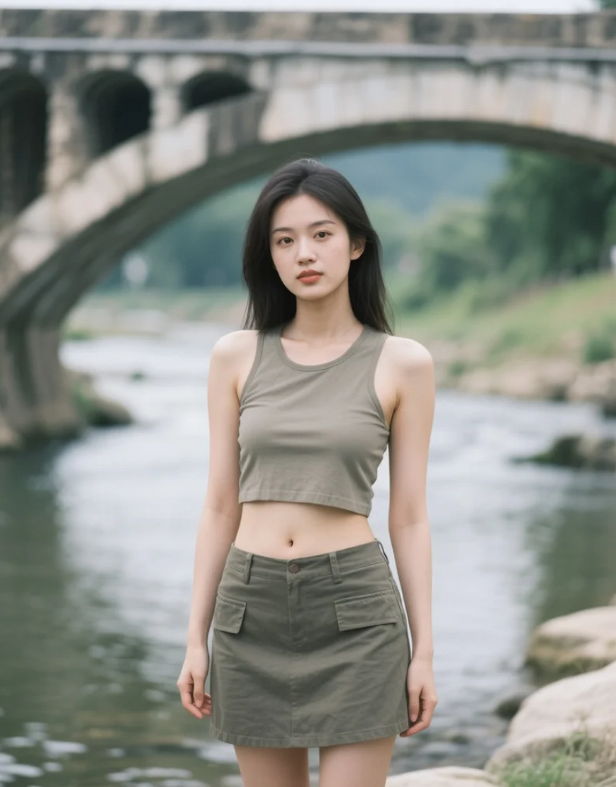  桥下的亚洲美女，文艺气息与自然风光融为一体