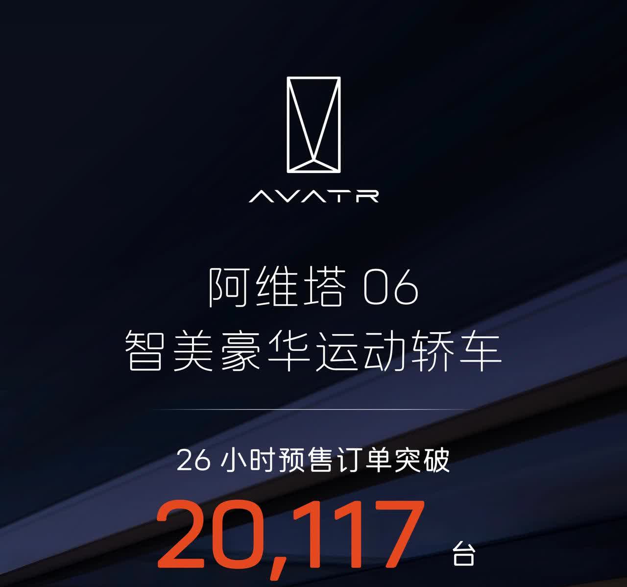阿维塔06预售26小时，订单突破20,117台！
这可是预售价21.59万元起