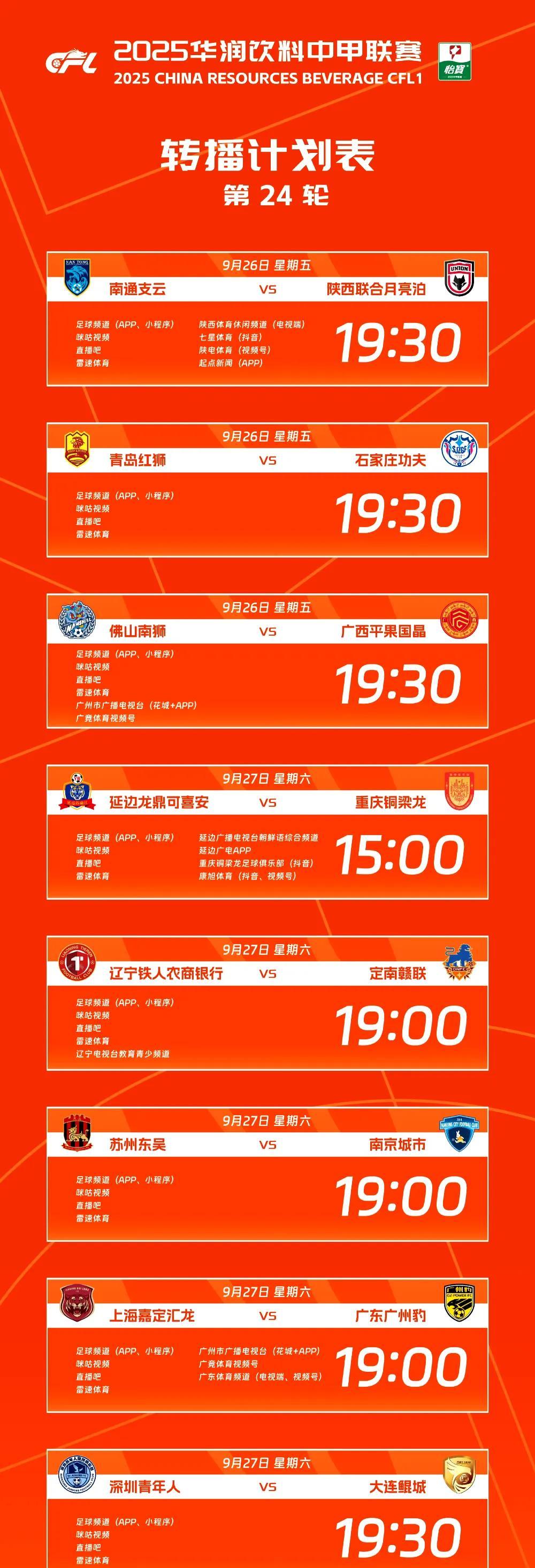 比赛预告丨中甲联赛第24轮本周开战！多场对决锁定观赛日历
9月26日-27日，2
