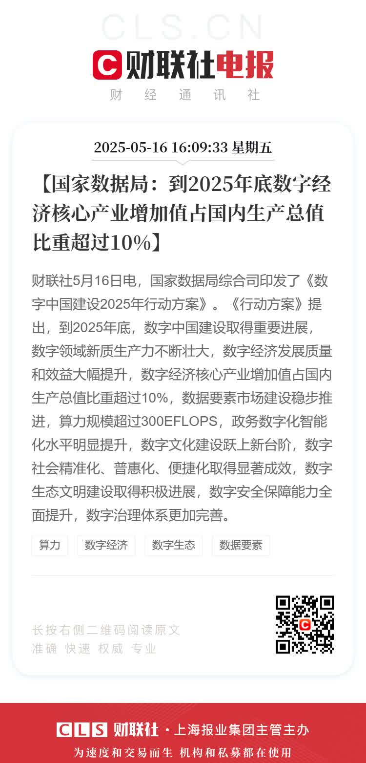 财联社5月16日电，国家数据局综合司印发了《数字中国建设2025年行动方案》：
