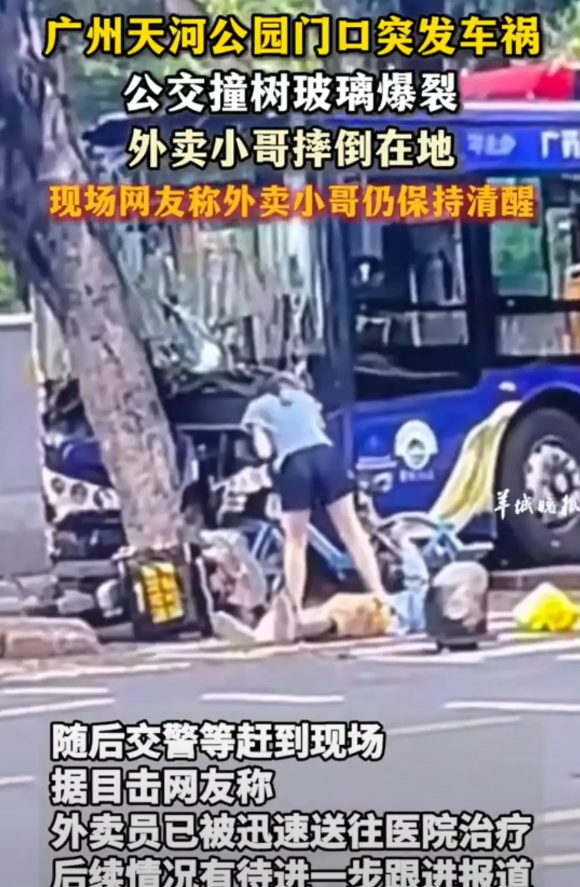 搭个公交也不省心，广州公交又发生事故，天河公园门口公交车撞树，玻璃爆碎。外卖小哥