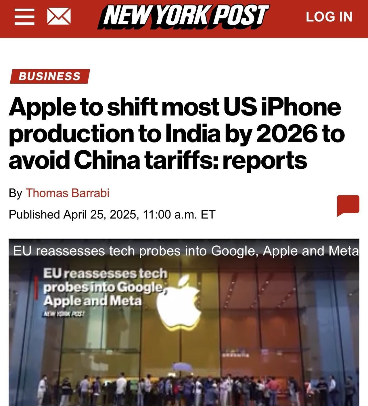 据报道，苹果正计划到2026年底将其在美国销售的iPhone的大部分生产转移到印