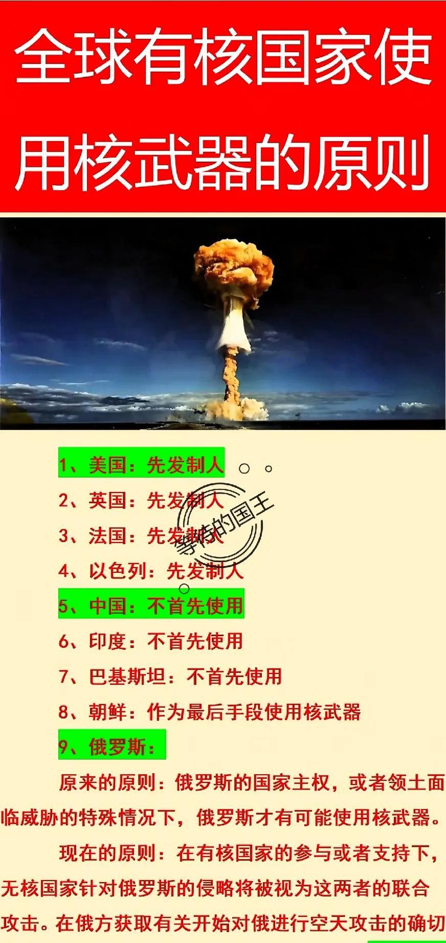 各国使用核武器的方式
在全世界有核国家中，使用策略无非两种，一种是先发制人，以威
