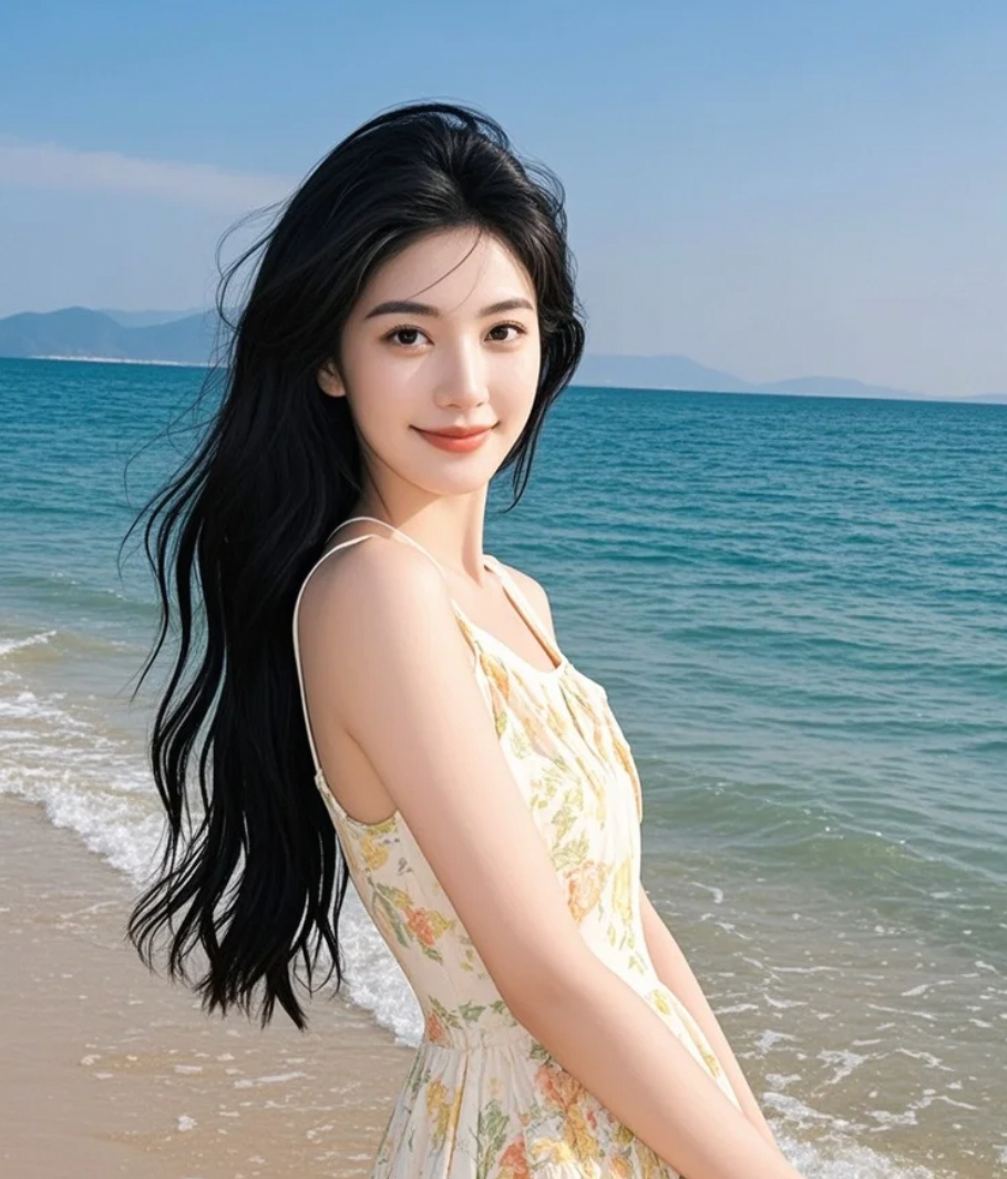 沙滩上的她，长发随风，笑容如阳光般温暖人心