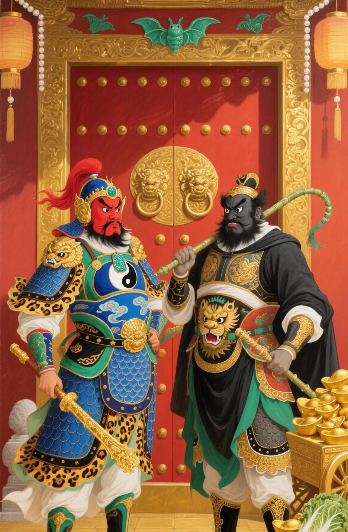 秦琼尉迟把门看，妖邪退散心不烦。家宅安宁福运满，日子越过越灿烂。
红脸秦琼锏闪亮