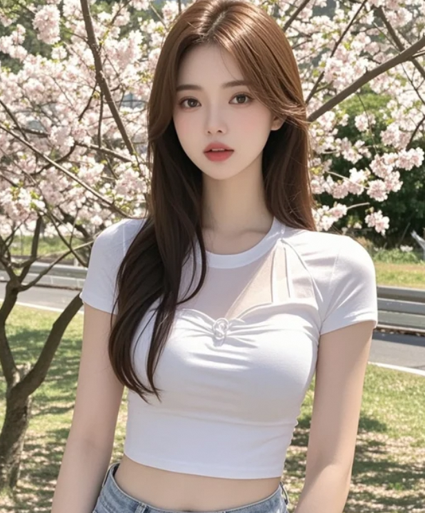 美人在花下，樱花为她添光彩