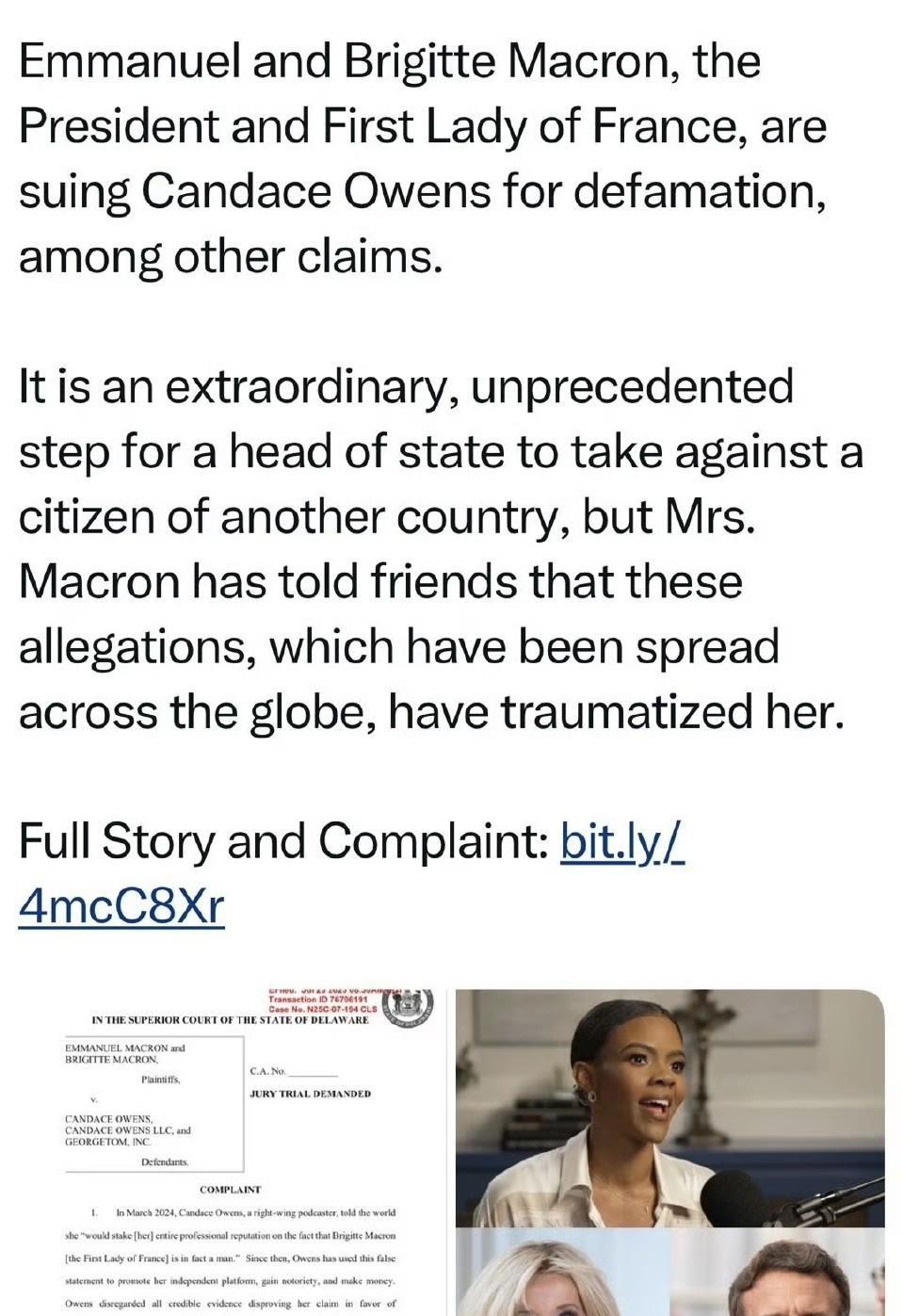 马克龙起诉一名美国女网红造谣他妻子是变性人
这个世界上第一起，国家元首因为网上谣