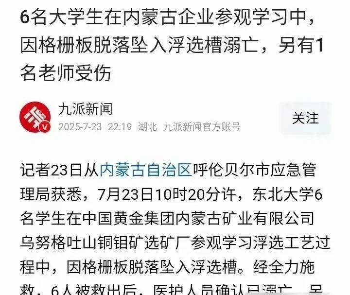 东北大学是985名校，6名学生的死亡太无辜了。本来是去参观体验的，却因为浮选槽上
