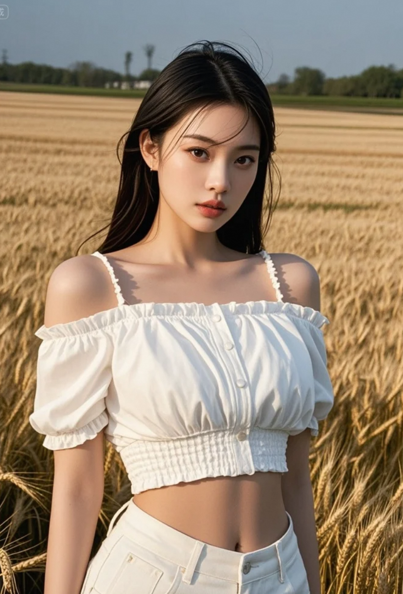 逆光而立，发丝镀上金边，她与麦田共谱一曲光之恋歌。