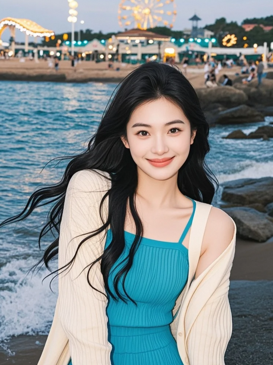 踩着浪花来赴约的少女，把夏天穿在了身上