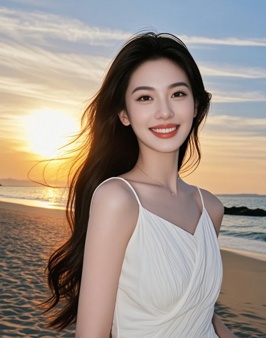 白裙长发，是黄昏海岸线上最动人的风景