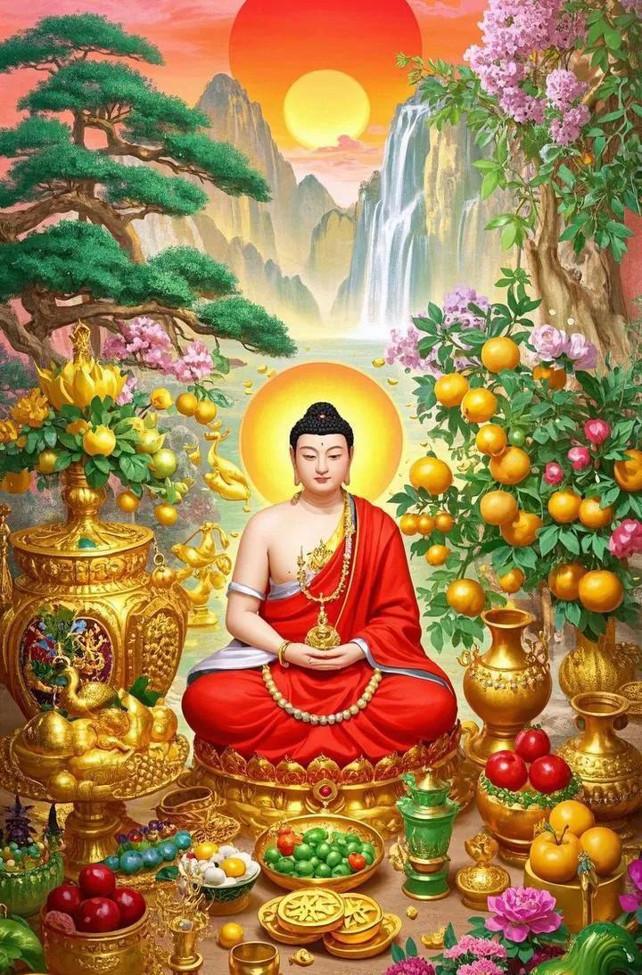 佛祖慈悲笑眯眯，保佑大家好运齐，一生平安又顺利，烦恼忧愁全不理。佛祖显灵在眼前，