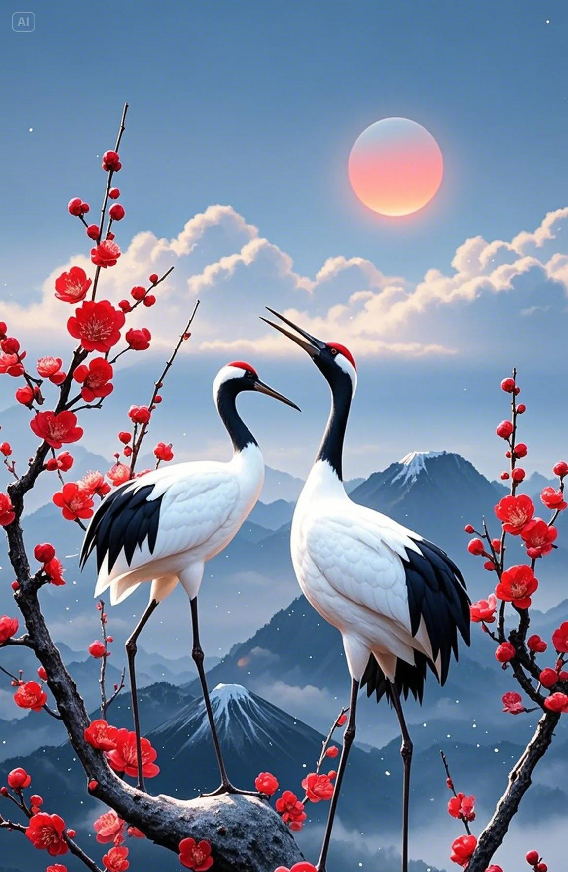 丹顶鹤立红枝上，云海茫茫日初升。[祈祷][祈祷]
愿君事业如松鹤凌霄，步步高升志