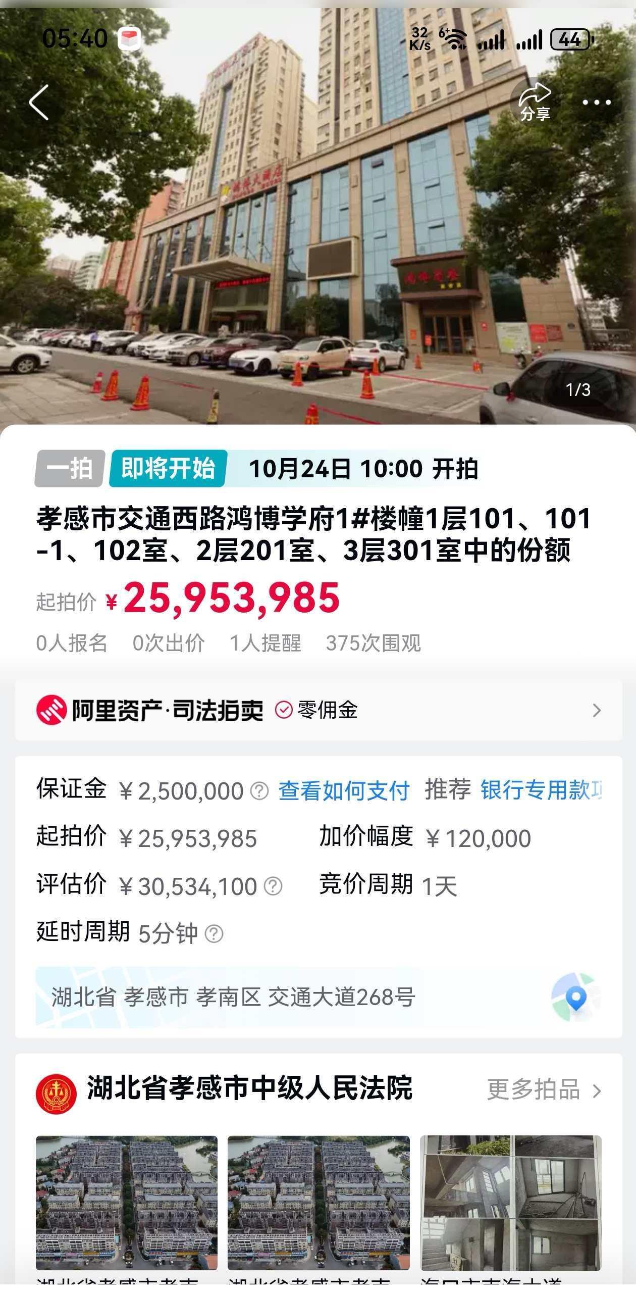 淘宝法拍上显示孝感市鸿博学府1号楼部分商业房产份额正进行拍卖，起拍价约2595万