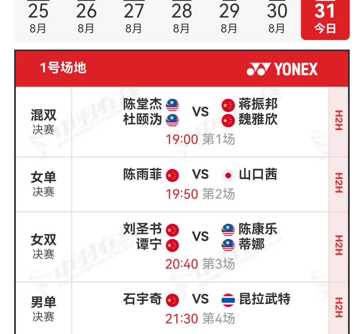 31日赛程
    2025年世锦赛决赛，国羽冲击五金！
    首先进行的