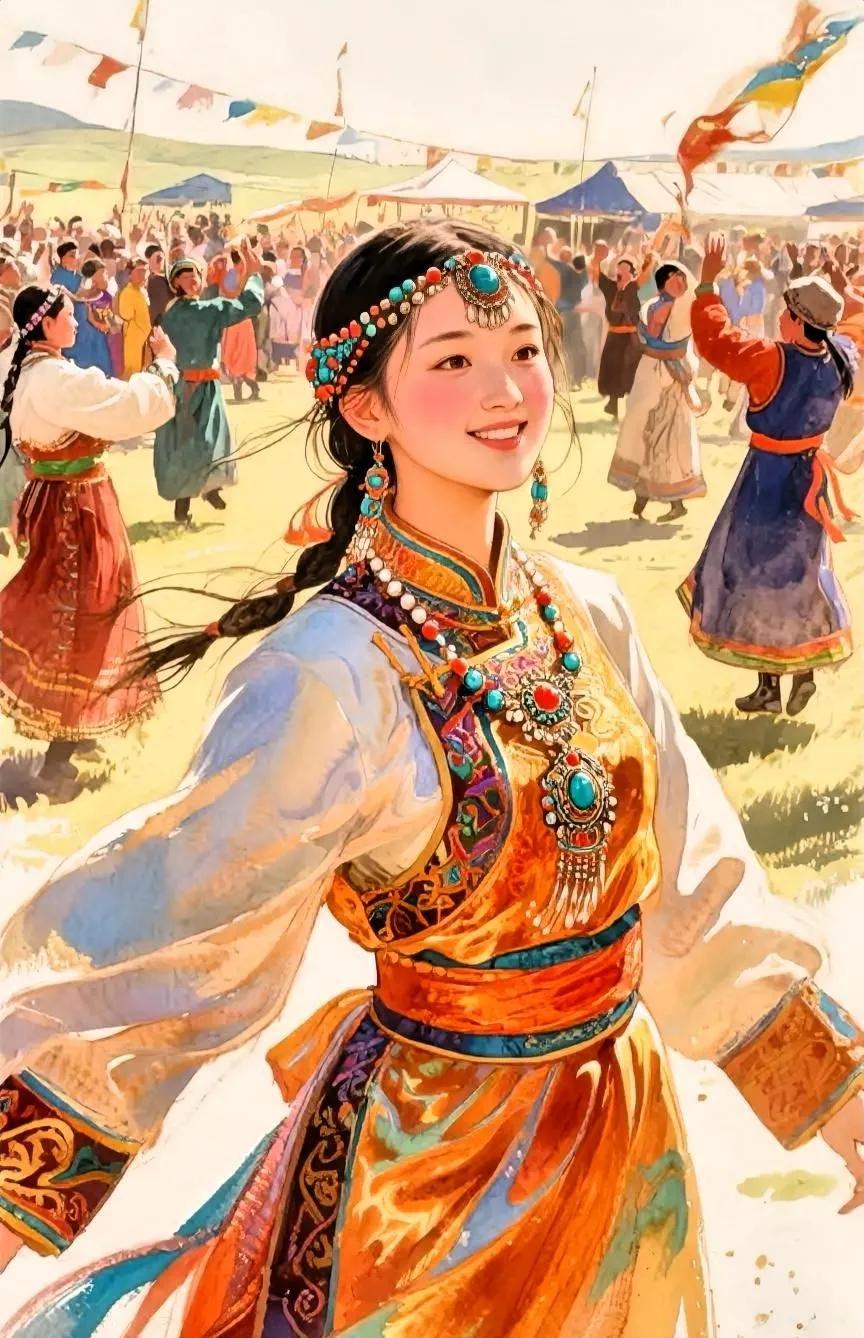 蒙古欢腾岁月香，
牧人共舞笑声扬。
马头曲韵悠然过，
………………[啤酒][万柿