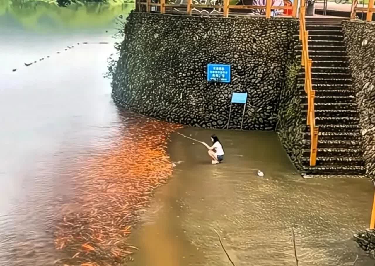 水库边坐满了人。

天没亮就有人来占位置，一坐就是一整天。鱼竿插在岸边，桶里