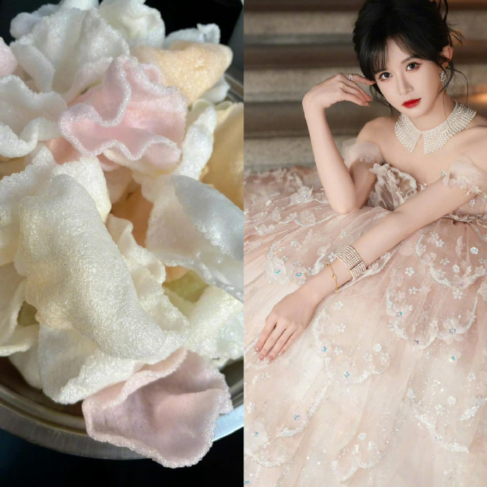 段艺璇梦幻礼裙撞衫彩虹虾片，粉白渐变裙摆蓬松灵动，褶皱闪片质感和虾片纹路光泽一模