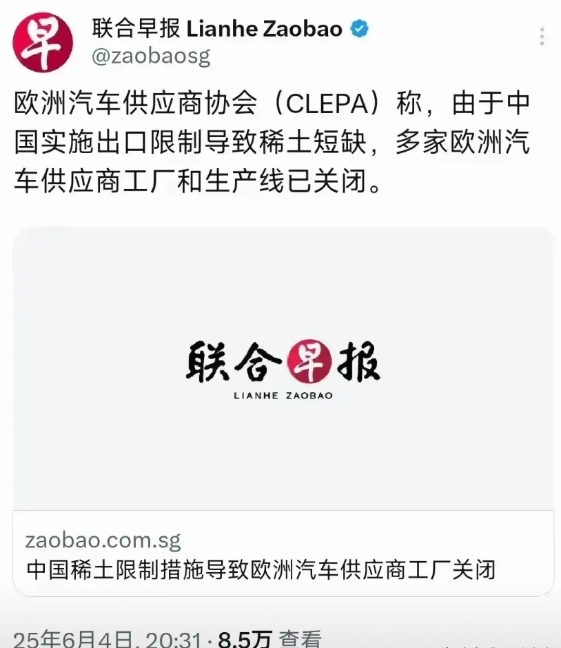 中国限制稀土出口，欧洲汽车生产线面临关闭。稀土磁铁是汽车生产必不可少的材料，没有