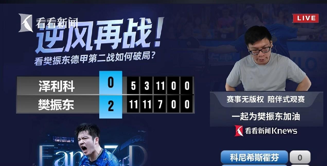 逆风再战！樊振东2：1暂时领先，恭喜樊振东！德甲乒乓球今晚正在激战中，樊振东顶住