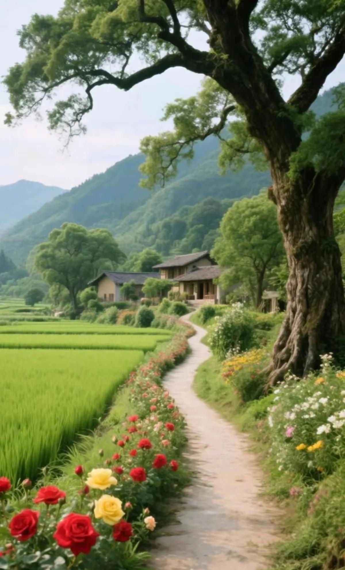 七绝·乡间小路
文/方立新
乡间小路绽妍花，
瓦屋幽居是老家。
翠绿禾苗春意在，