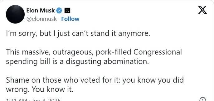 博眼球的话题！他直接批的是国会议员投票通过了法案！我认为，马斯克怒喷“大而美”法