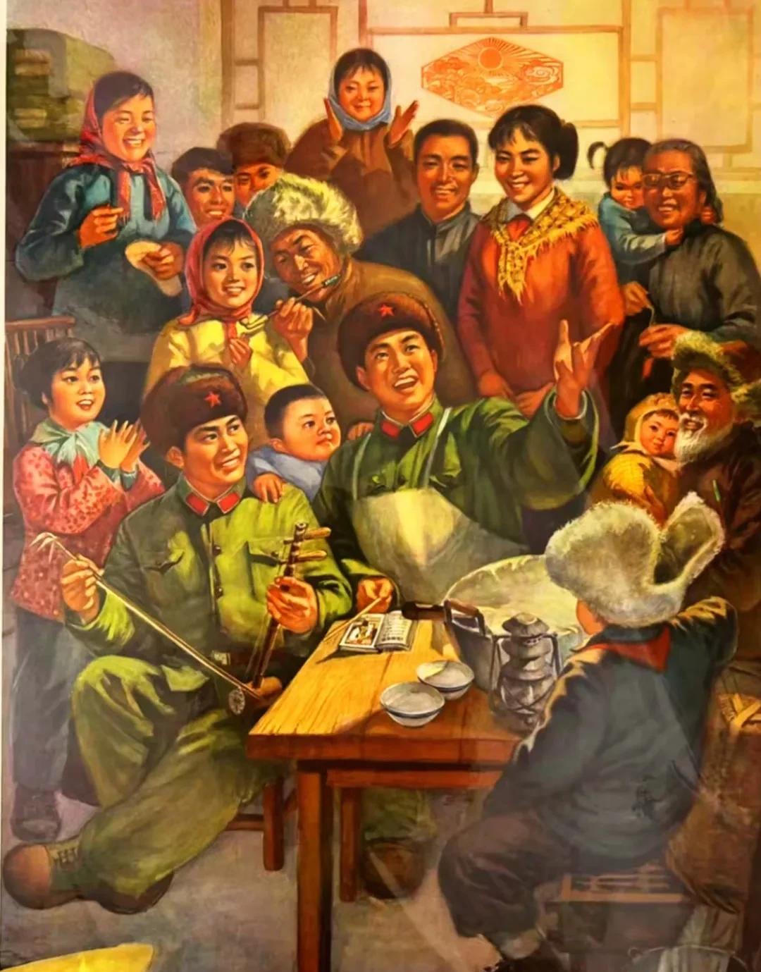 《美好的日子万年长》这幅油画出版于1974年；
画面中的人民子弟兵正在房屋中和百