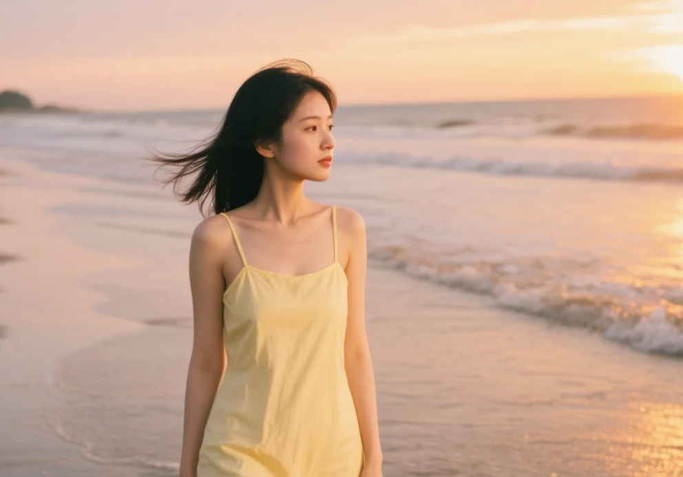 在这片金色的沙滩上，我的连衣裙显得格外耀眼。