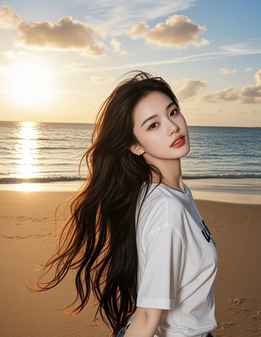 她的身影融入金色海岸，发丝飞扬，明艳妆容尽显阳光活力的巨星本色