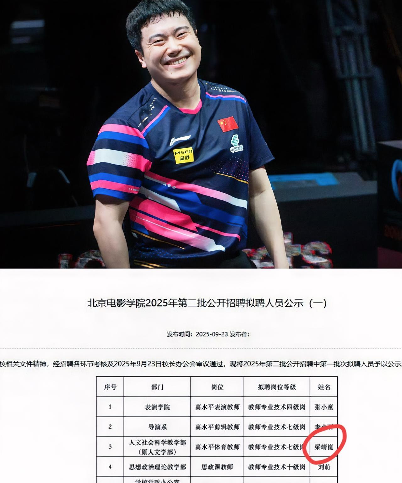 怎么也没想到，世界冠军梁靖崑，竟然不选北大，也不选清华，
而是去北电当一名体育老